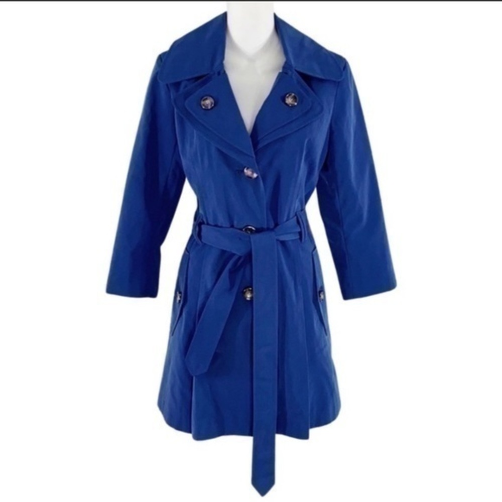 London Fog blue belted hooded trench coat